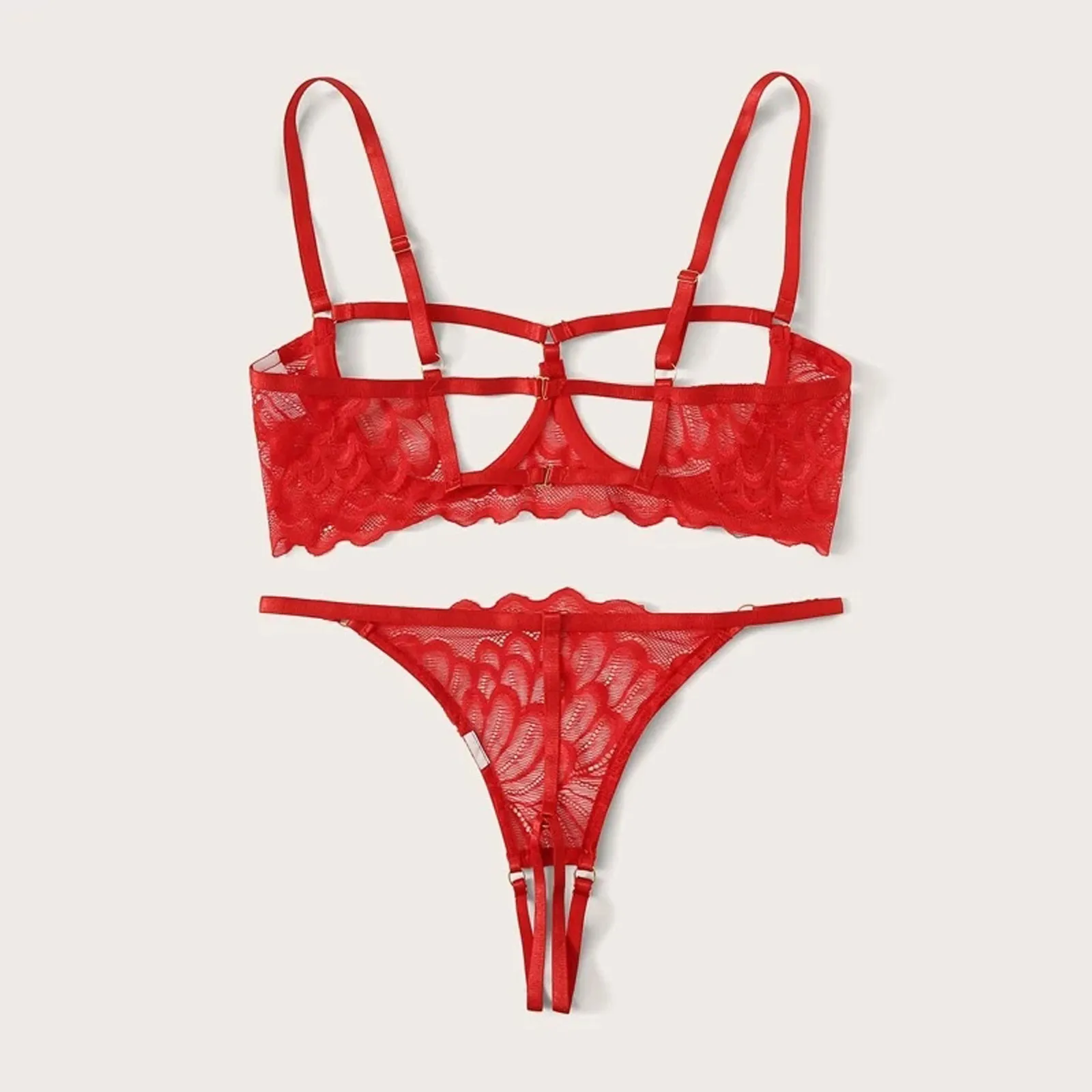 Women's Lingerie Set Sexy Lace Mesh Hollow Out Open Bras Crotchless Panties Two-piece Suit Red Underwear Set Babydolls