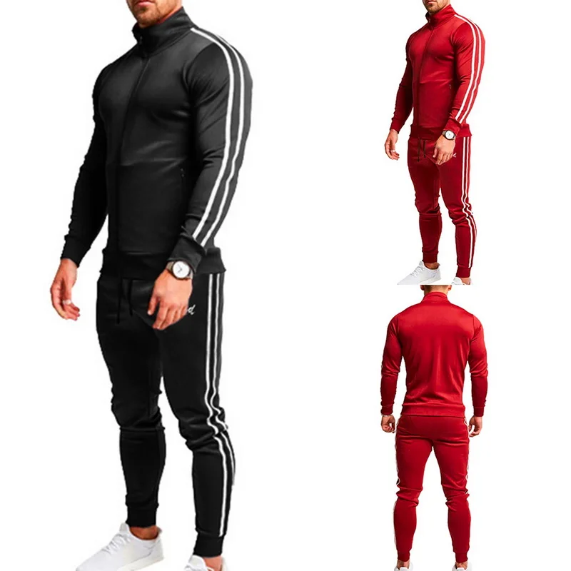 

2019 Autumn Mens Casual Zipper Zip Long Sleeve Top Jacket+Pants Two-piece Suit Striped Drawstring Sweatpants Male Sportswear