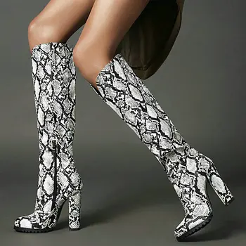 

2020 Fashion Snake Paint Women Knee High Boots Thick High Heel Zipper Women Long Boots Autumn Winter Ladies Shoes Big Size 43
