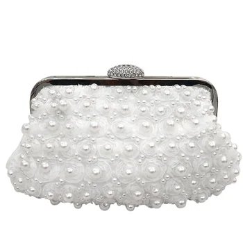 

Women Luxury Lace Flower Elegant Evening Party Handbag Large Capacity Wedding Hasp Fashion Artificial Pearl Clutch Bag Purse