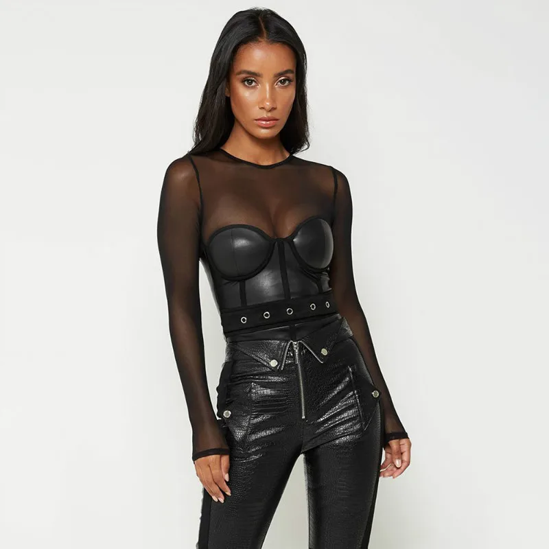 NCLAGEN Ladies Sexy Transparent Mesh PU Patchwork Long Sleeve Party Bodysuits Striped Eyelet Clubwear Active Bodycon