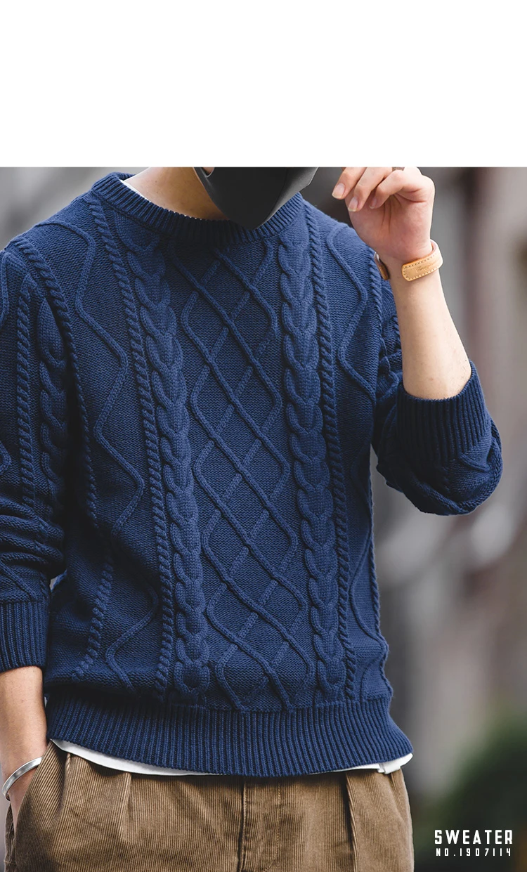 Мужской свитер с круглым вырезом Вязаный Теплый Зимний пуловер темно-синий