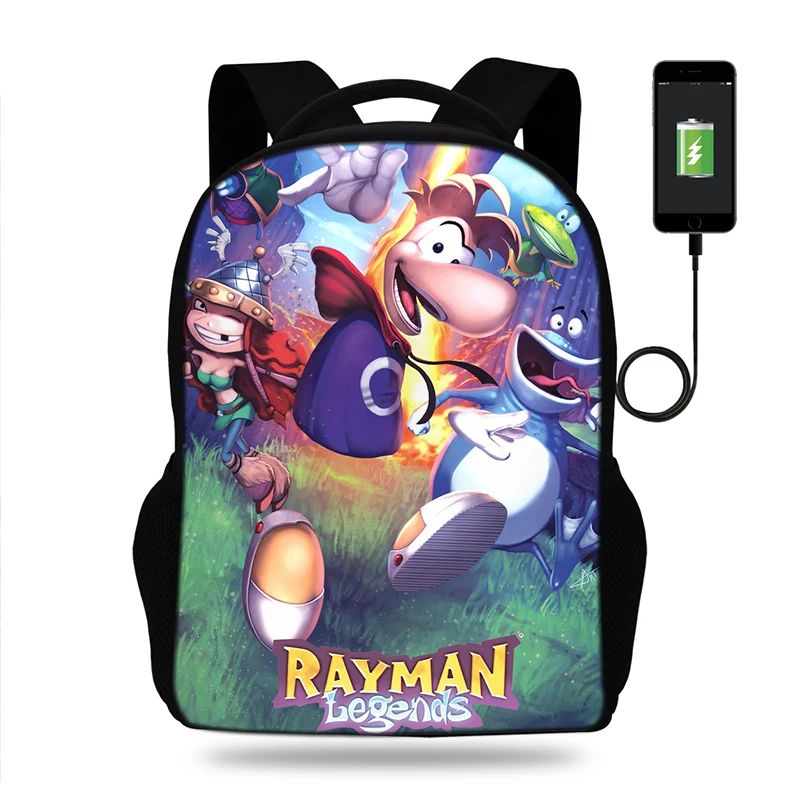 17 дюймов Rayman legends adventures рюкзак мужской USB порт рюкзаки для подростков мальчиков девочек школьные сумки ноутбук повседневные Рюкзаки