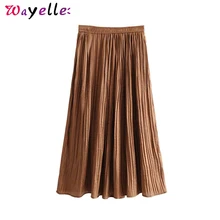 Плиссированные Юбки Женские однотонные элегантные эластичный пояс Макси Офисная Женская юбка блестящие однотонные юбки женские осенние корейские женские длинные юбки