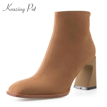 

Krazing Pot large size high street fashion cow suede brand high strange heel square toe zipper modern superstar ankle boots L32