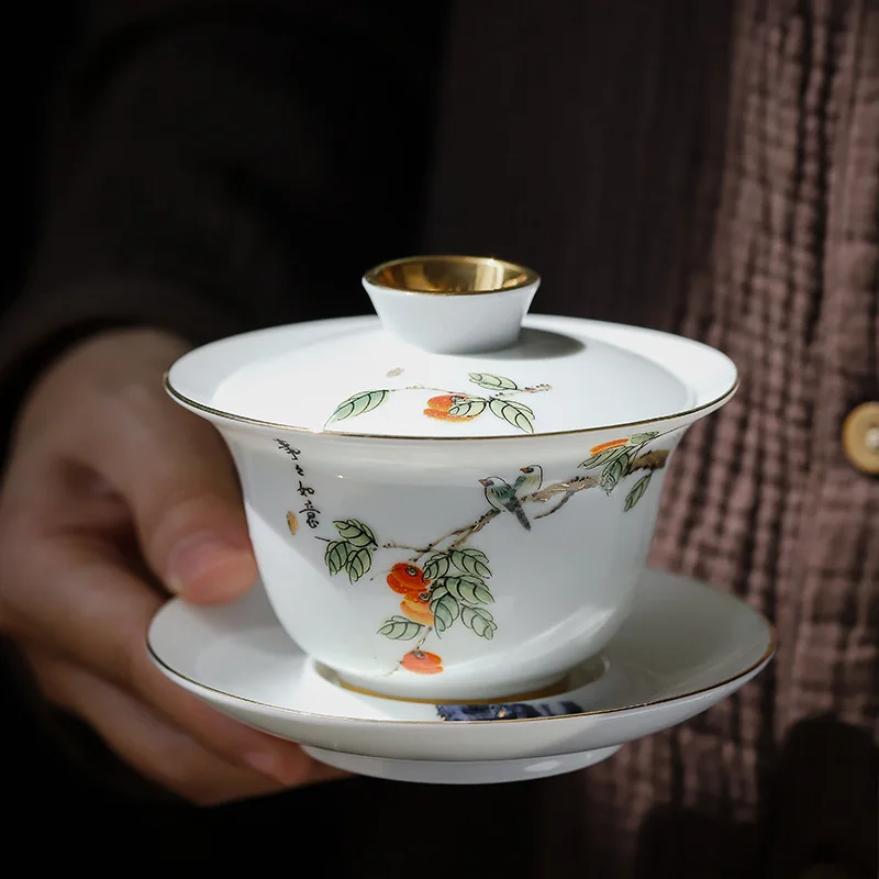 Gongfu Tea Set Ceramic San Cai Gai Wan China Handmade Tea Cups Gaiwan Tureen Hand-painted Bowls