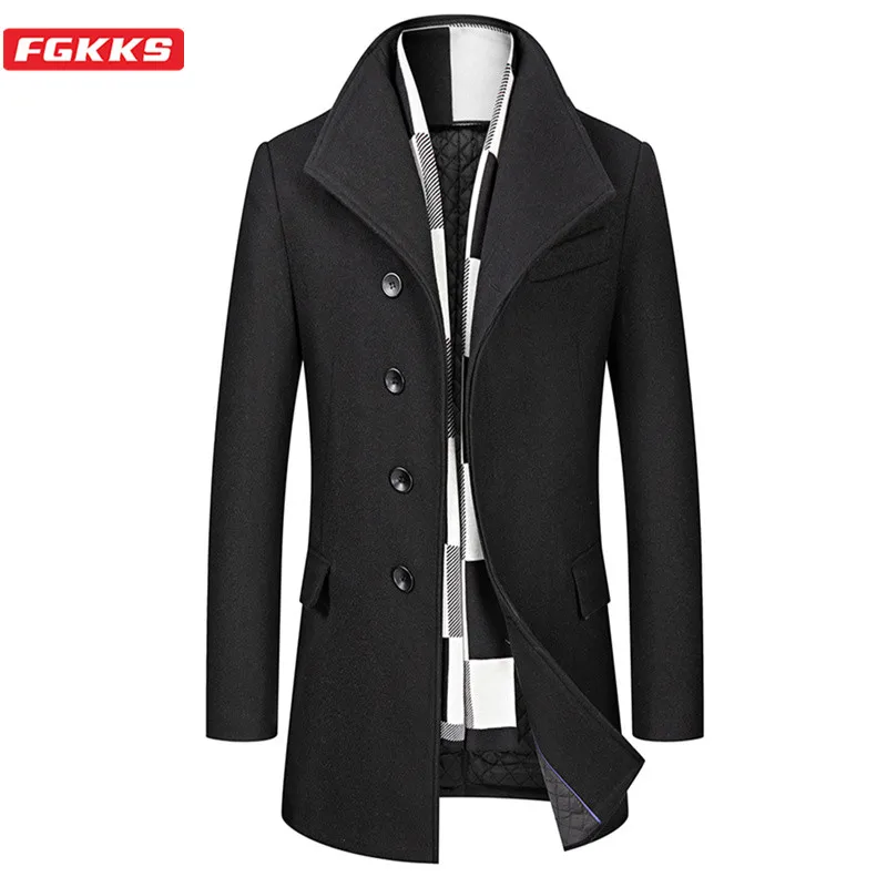 FGKKS Winter Wool Blend Coat Men Quality Brand Men's Casual Wild Wool Overcoat Male Trend Solid Color Wool Coat (Send Scarf FGKKS Winter Wool Blend Coat Men Quality Brand Men's Casual Wild Wool Overcoat Male Trend Solid Color Wool Coat (Send Scarf