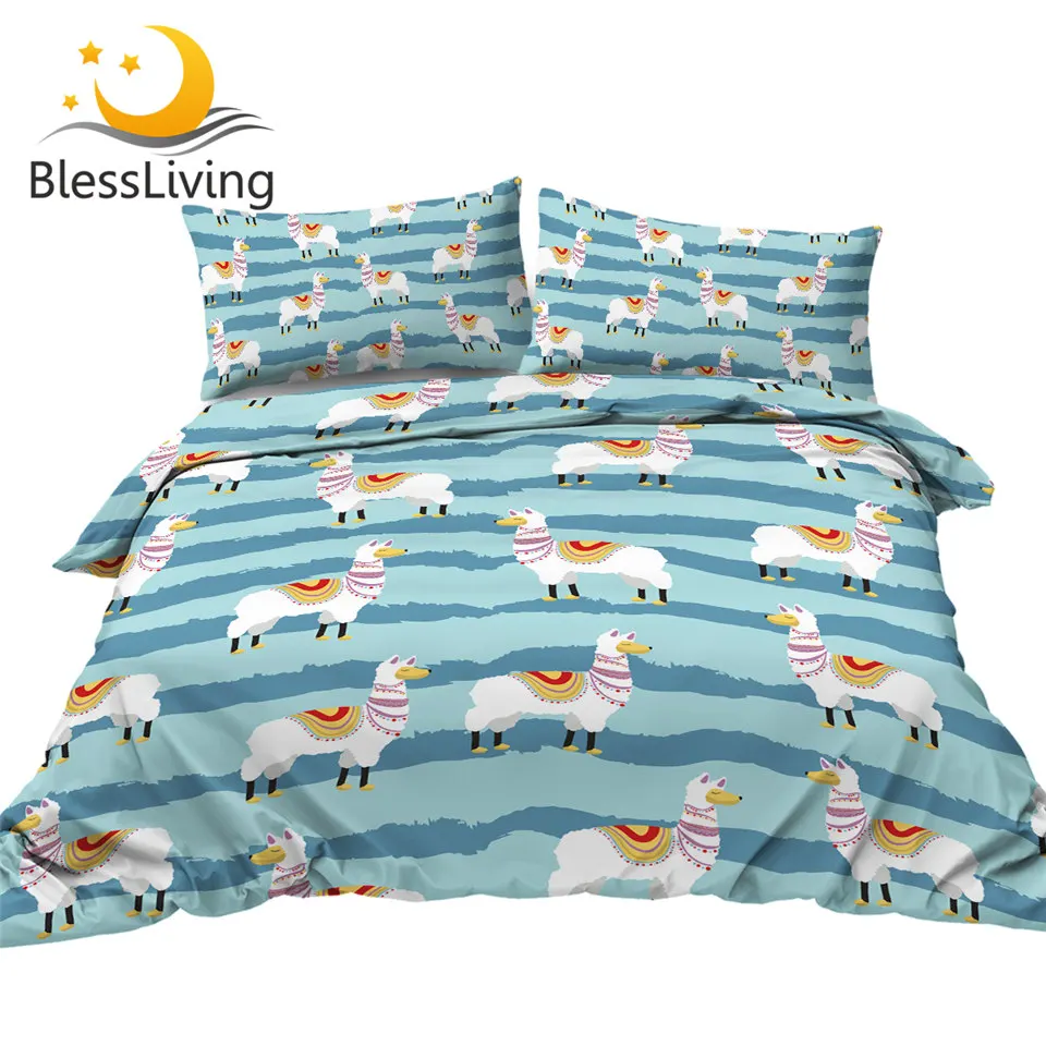 

BlessLiving Alpaca Quilt Cover Llama Bedding Set Striped Blue Yellow Home Textiles 3pcs Cartoon Animal Bed Coverlet for Kids