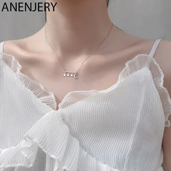 

ANENJERY Minimalist Moon Star Necklace 925 Sterling Silver Clavicle Chain Cubic Zircon Necklace For Women S-N539