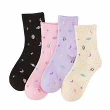 Модные женские забавные хлопковые носки с изображением планеты, Луны, космоса, meia, корейский стиль, забавные цветные длинные носки для девочек