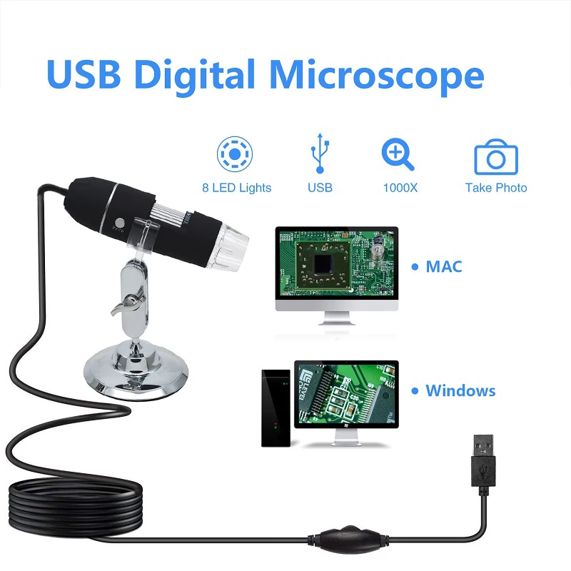 1 шт. Смарт USB микроскоп пикселей 1000X 8 светодиодный цифровой Лупа электронный
