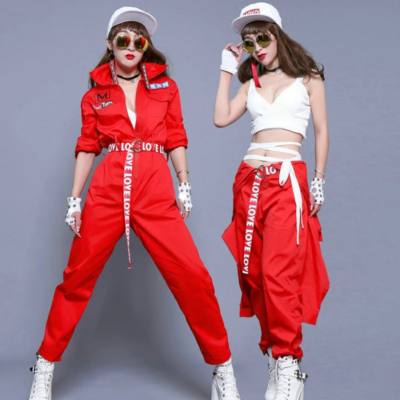  Jazz Dance Costumes Adult Red Long Sleeve Tooling Jumpsuit Hip Hop Clothing Street Dancewear Women 