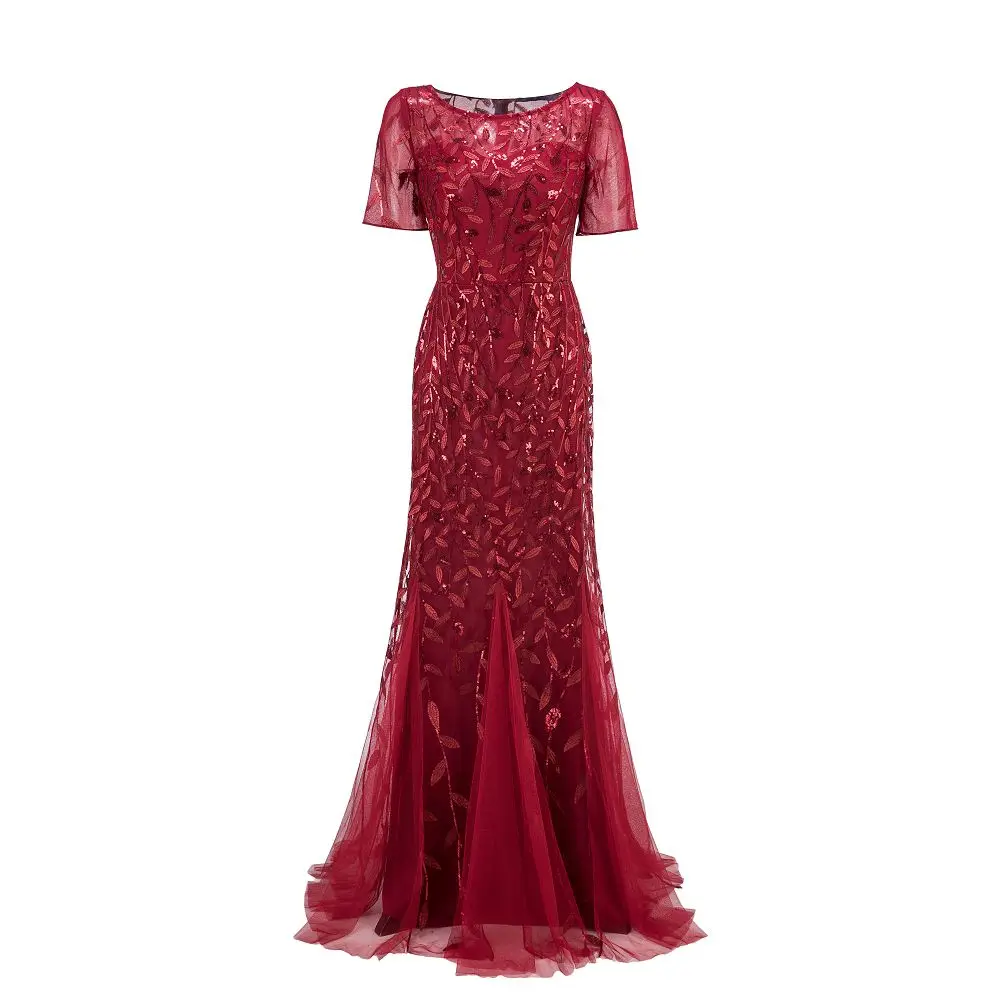 Plus Size Evening Dresses Mermaid O Neck Short Sleeve Lace Appliques Tulle Long Party Gown Robe Soiree Sexy Formal Dress vestido