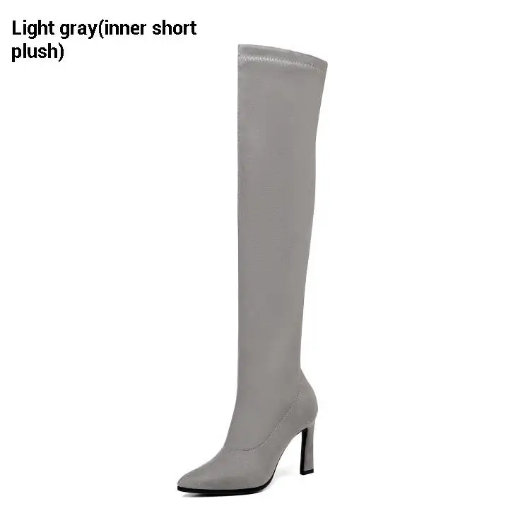 Light gray(plush) CDAXILAN, Новое поступление женские ботинки с леопардовым принтом, эластичная ткань Обувь на высоком каблуке Ботфорты сапоги до колен с эластичной резинкой изящная обувь до бедра; сапоги на осень-зиму - Цвет: Light gray(plush)