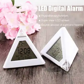

7 Colors Colorful Pyramid LCD Alarm Clock Night Light Thermometer Digital Wall Clock Changeable Led Clock Home Decor Accessories