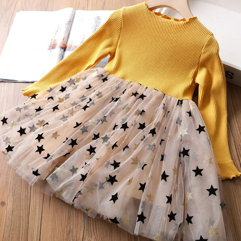 Коллекция года, модное Вязаное детское платье со звездами для девочек Одежда для рождественской вечеринки, хлопковые вечерние платья с длинными рукавами для девочек возрастом от 3 до 8 лет - Цвет: Yellow