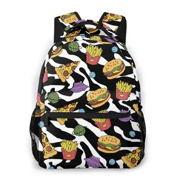 

Mountaineering Backpack Cute Pizza Hamburger And French Fries On 80s 90s Zebra Print Shoulder Bags Backpacks