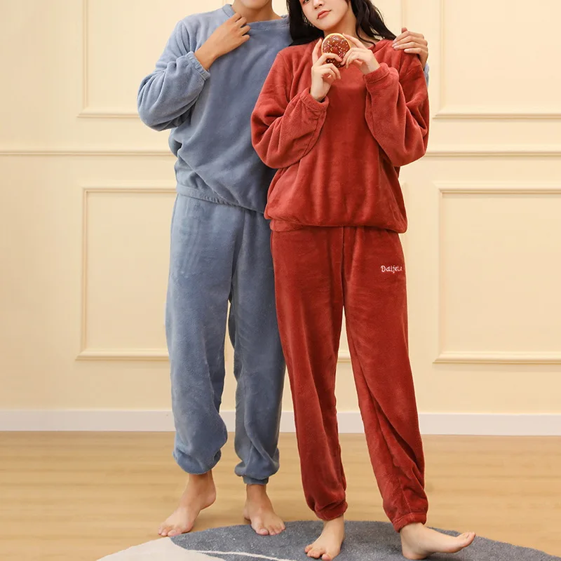 2021 Winter Thick Flannel Sleepwear For Women Men Fashion Couple Home Wear Solid Men's Sleep Suit Ladies Nightgown 2 Piece Sets | Мужская
