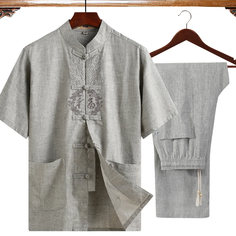 light gray 2 Рубашка с короткими рукавами+ штаны) 2 шт./компл. роскошный плюс размер 4XL мужской костюм кунг-фу Тай Чи l серый классический одежда - Цвет: light gray 2