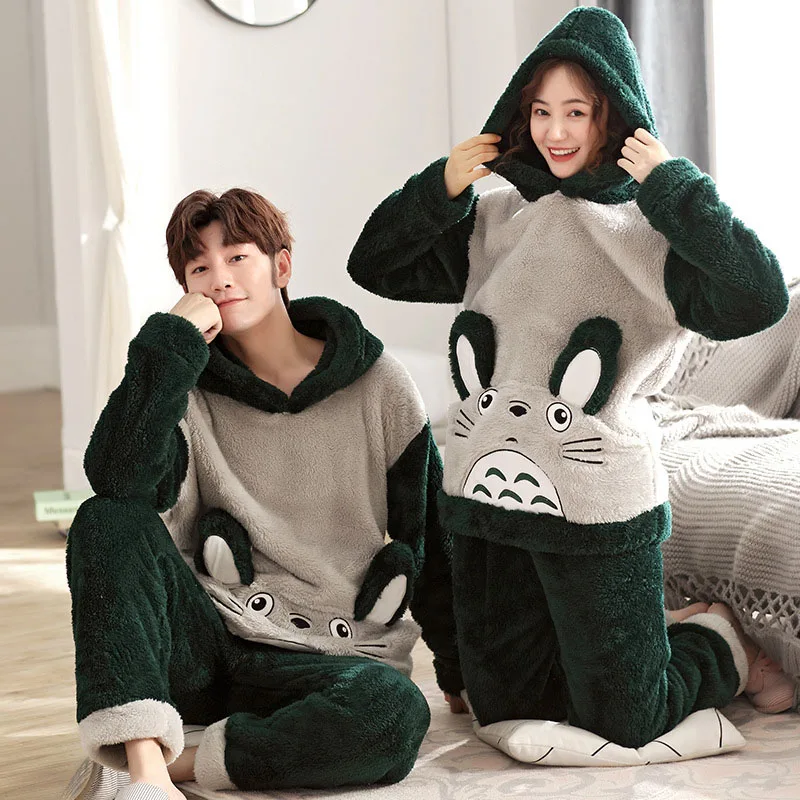 New Winter Couple Pajamas Warm Thickening Women Pajamas Set Hooded Home Wear Female Sleepwear Long Sleeve Pyjamas Suit