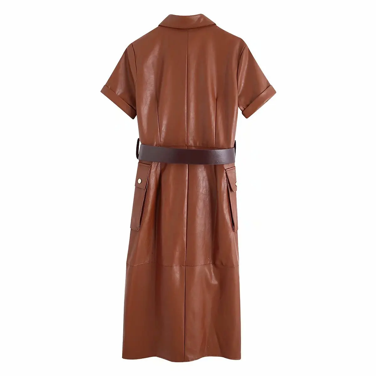 Bb80-9859 женское стильное платье миди из искусственной кожи с поясом и карманами, женские модные повседневные платья с коротким рукавом