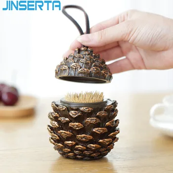 

JINSERTA Retro Toothpick Storage Box Resin Luxury Pinecone Toothpick Holder with Lid Creative Living Room Decor Organizer