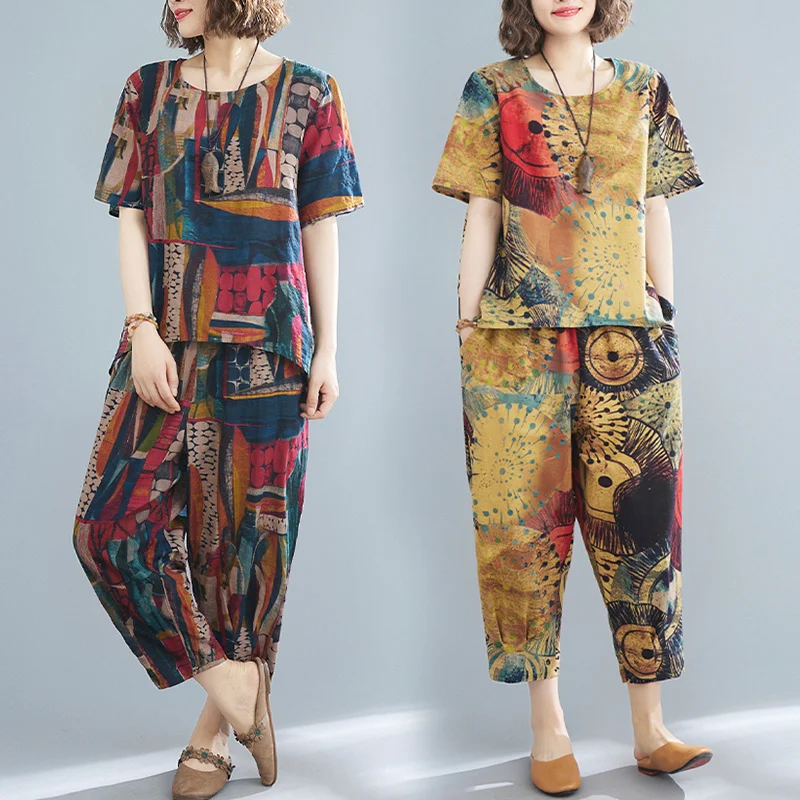 

#1229 Summer Suits Woman Retro Two Piece Set Cotton Linen Short Sleeve Round Neck T Shirt Elastic Waist Harem Pants Suit Female