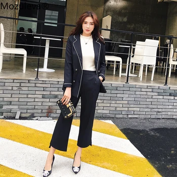 

Mozuleva 2 Pieces Set Women Jacket and Blazer & Long Pant Hit Color Black Office Wear Notched Collar Blaser and Trousers 2019