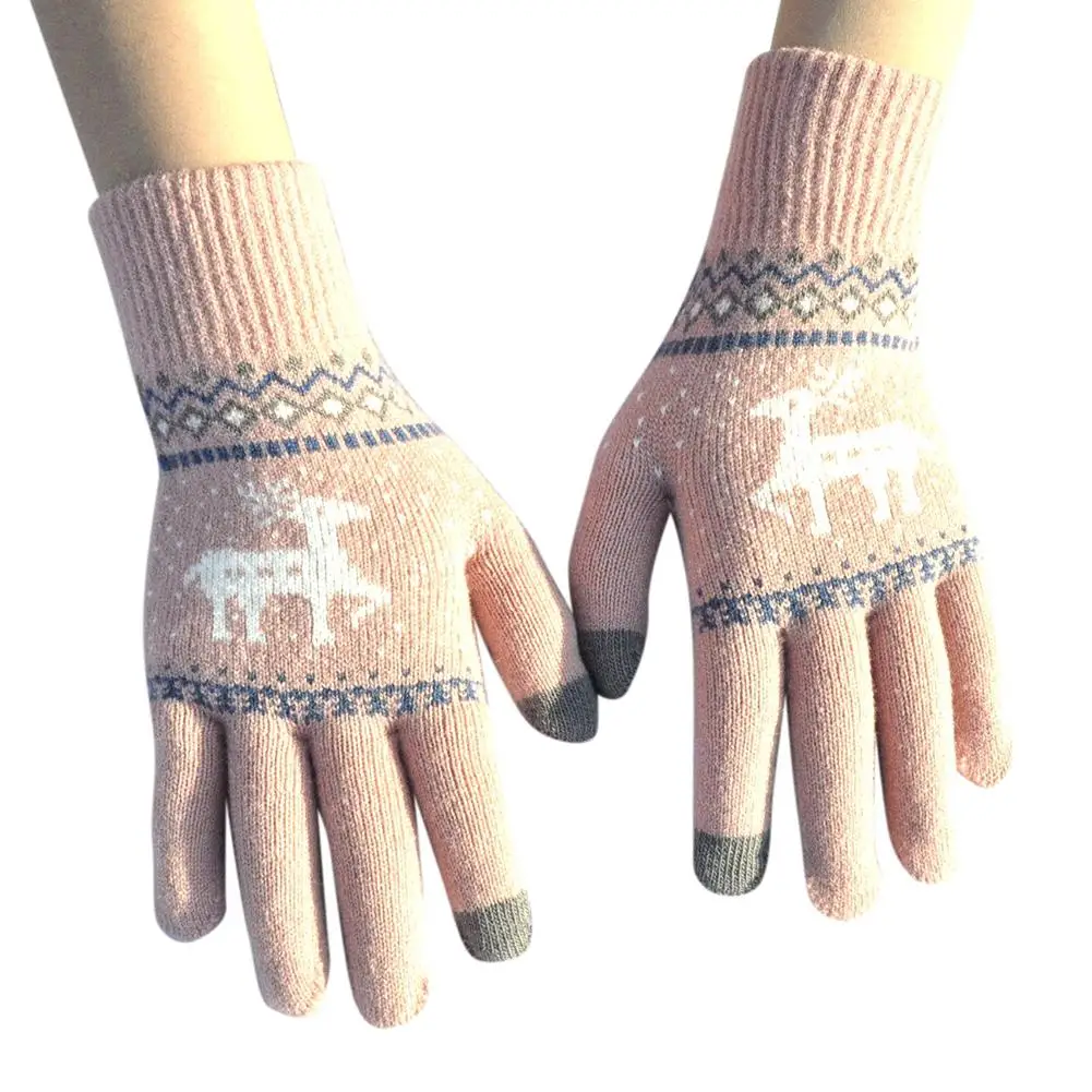 Wo мужские зимние теплые перчатки с сенсорным экраном шерстяные вязаные Рождественские перчатки с изображением оленя полный палец перчатки - Цвет: Light pink