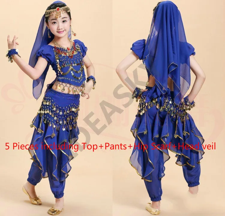 Арабский танец живота с блестками, профессиональный костюм для танца живота, детские костюмы, Детский костюм, комплект для взрослых и детей, топ, штаны - Цвет: blue5pcs