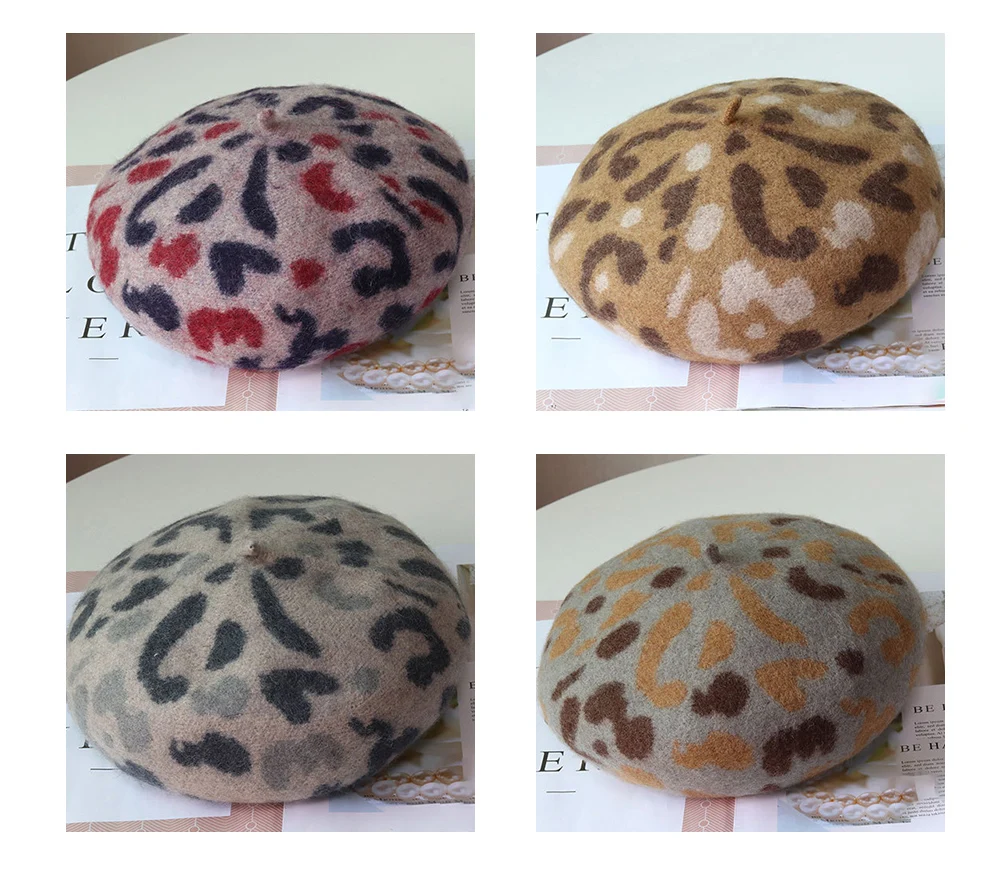 Women Vintage Style Leopard Painter Hat Round Beret Caps Wool Ski Beanie Skull Caps Hat Winter Hats