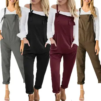 

Fashion Womens Overall Pants Pocket Cotton Linen Loose Wide Leg Jumpsuit Overall Long Trousers Slim Lace Up Solid Color Pants