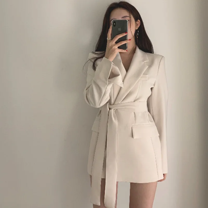 Women Black Beige Blazer Dress High Waist with Belt 2020 Autumn Slim Fit Work Bussiness Office Ladies Long Sleeve Outwear
