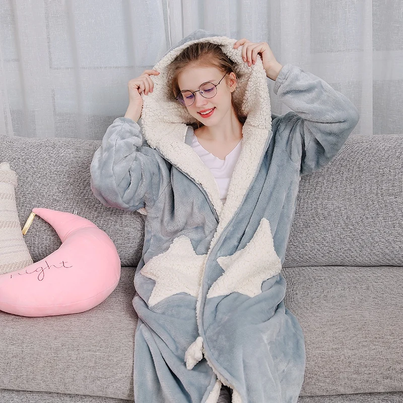 

Women Robes Bathrobe Autumn Winter Coral Fleece Hooded Nightgown Moon Star Pocket Zipper Warm Sleepwear Thicken Toweled Bathrobe