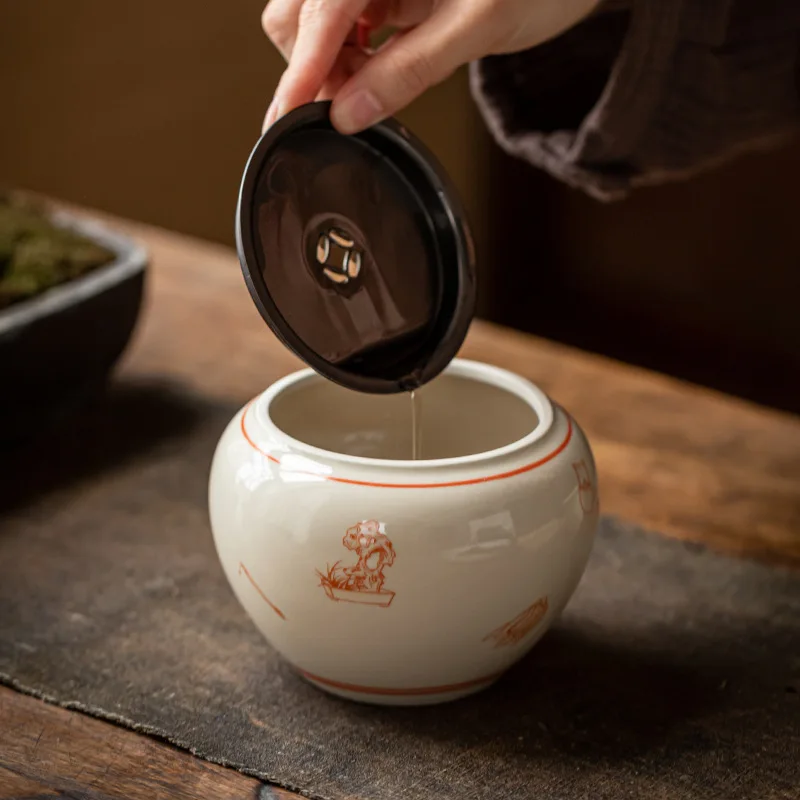 

Grass Gray Glaze Jianshui Japanese Ceramic Tea Basin Tea Residue Barrel with Tin Cover Cup Wash Kung Fu Tea Ceremony Utensils