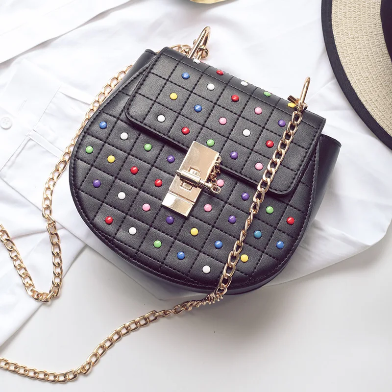 

2019 New Style Fashion Sweet Ladies' Five-color Rivet Lock Shell Bag Handbag Shoulder Oblique WOMEN'S Bag