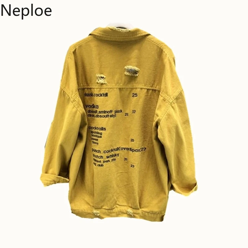 Neploe Koream джинсовые куртки женские с дырками с длинным рукавом винтажные джинсовые куртки свободные весна осень вышивка буквы пальто черная верхняя одежда