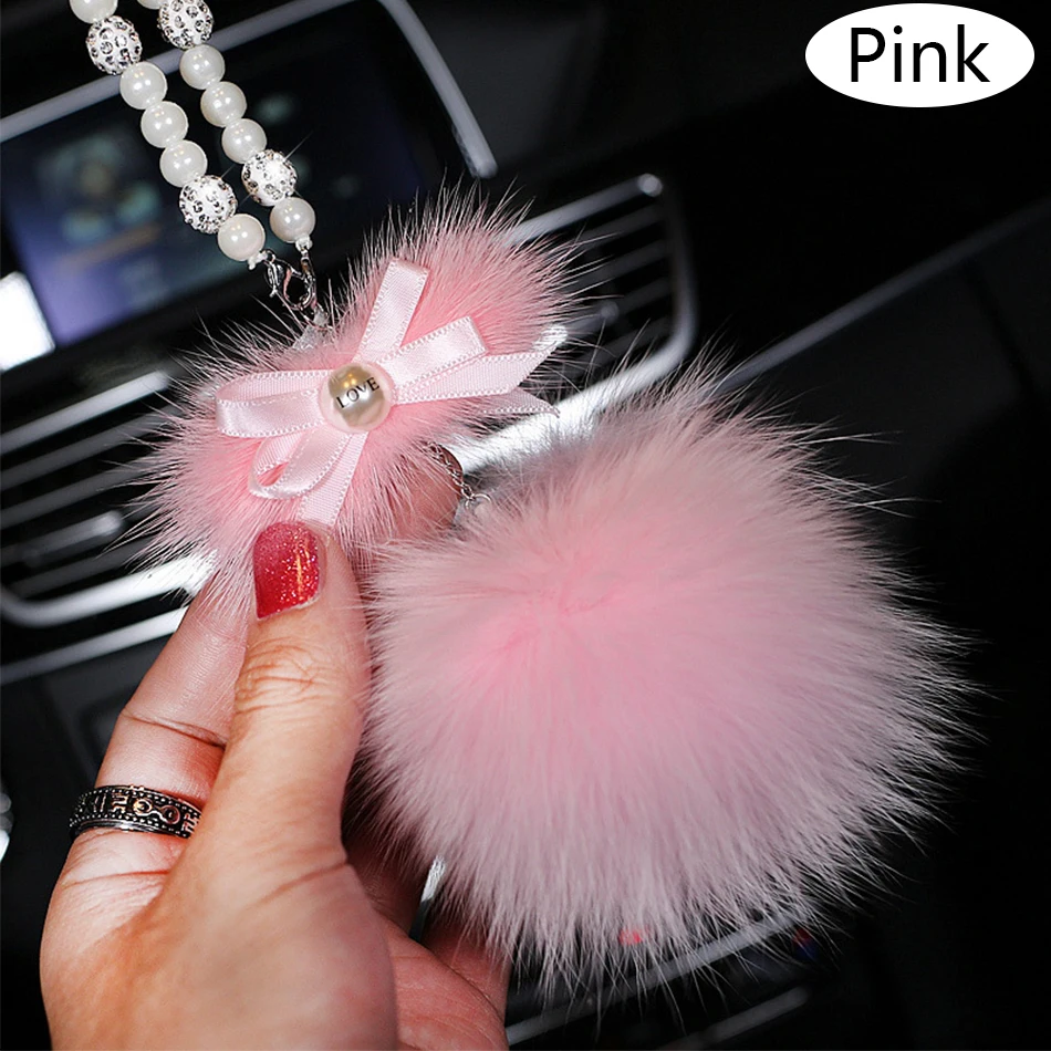 Car Pendant Cute Fur Ball Suspension Ornaments Rearview Mirror Hangings Dangle Trim Auto Interior Accessories Decor for Gifts - Color Name: Pink Pendant