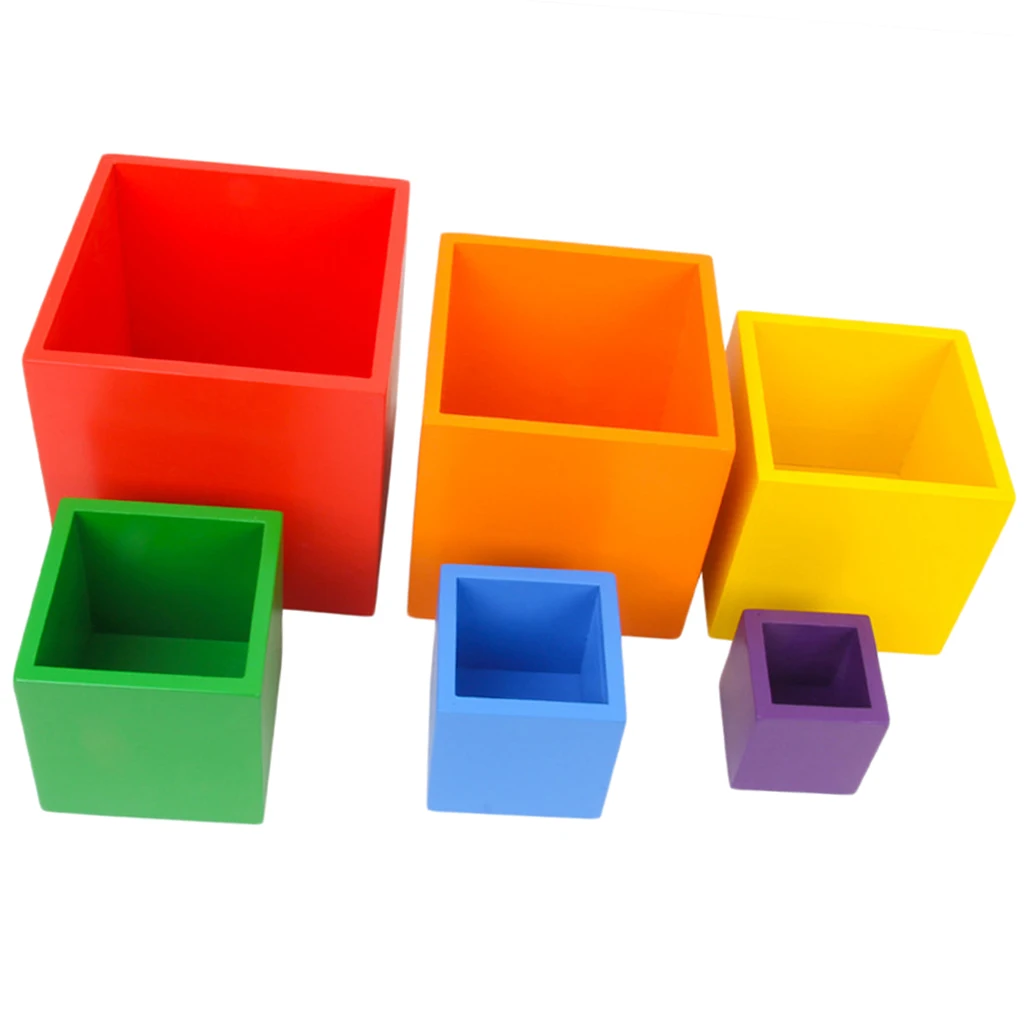 

Wood Rainbow Stacker Nesting Puzzle Blocks, 6pcs Stacking Boxes Color Shape Matching Game, Babies Hand-eye Coordination