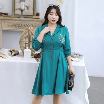 

Women's Spring Embroidery Button Bright Velvet Dress Plus Size Knee Casual Dress 100Kg Can Wear