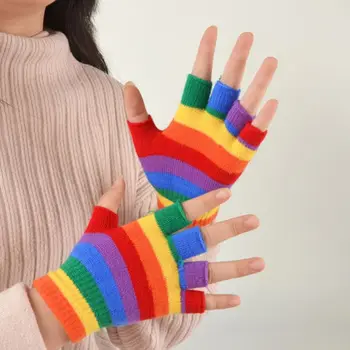 

Adult Kids Rainbow Stripes Short Gloves Fingerless Wrist Length Party Mittens