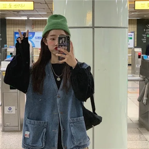 Синий Корейская женская одежда ulzzang, жилеты с карманами, однобортные, v-образный вырез, весна-осень, одноцветная уличная одежда, стильные пальто и куртки - Цвет: Синий