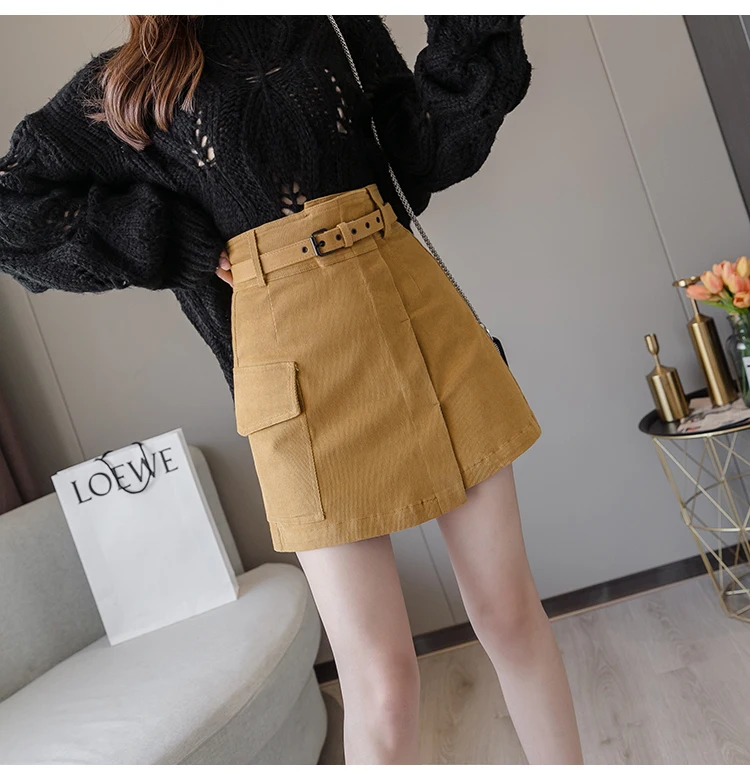 Trytree Autumn Women Casual Empire Short Skirt 5 Colour A-line Fashion Elegant Pockets Button Belt Mini Office Lady Short Skirt