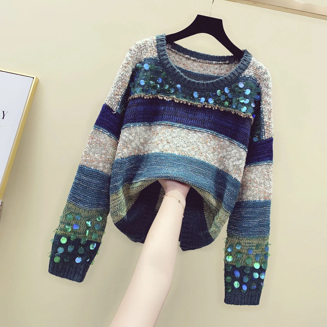 Women Sequined Sweater And Pullovers Beading Long Sleeved Korean Fashion Knit Sweater Rainbow Striped Loose Jumper Sueter Mujer