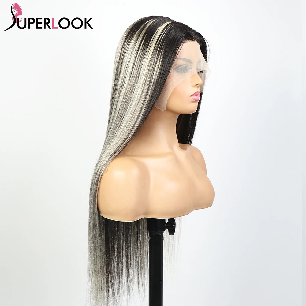 Dianteira do Laço Colorido em Linha Perucas de Cabelo Loira Cinza Destaque Peruca Metade Preto 613 Reta Humano Pré Arrancado Ombre t Parte Laço Transparente 6 Cheap Apliques com cabelo humano