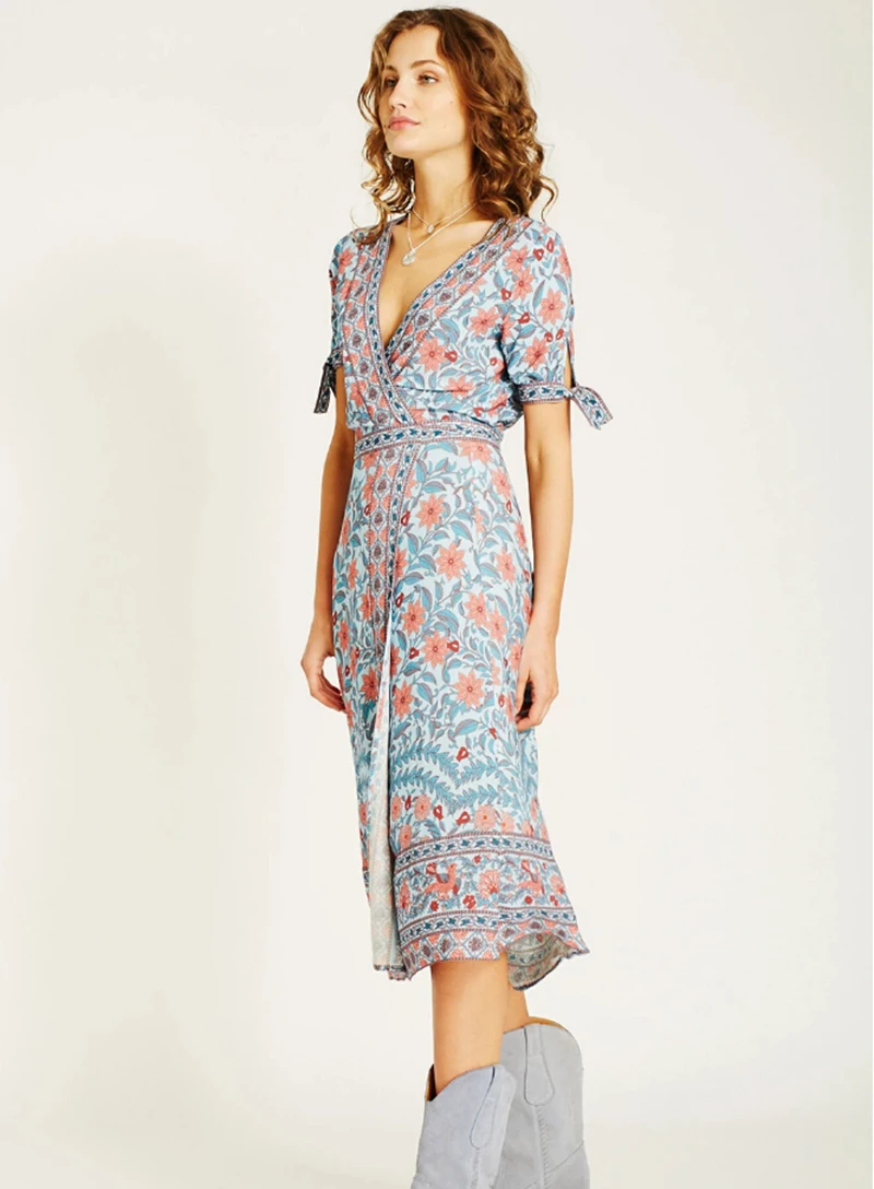 TEELYNN wrap dresses осеннее вискозное красное платье с цветочным принтом сексуальное Цыганское Платье с v-образным вырезом boho платья для женщин vestido