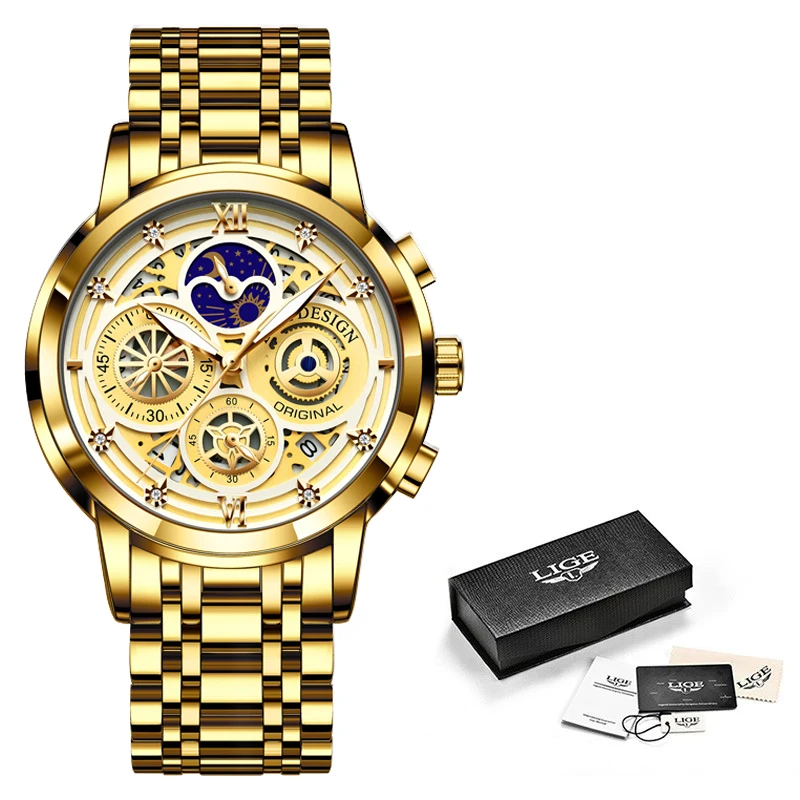2021 New LIGE Sport Men Watch Top Brand Luxury Gold Stainless Steel Quartz Wrsit Watch Men Fashion Hollow Waterproof Chronograph 