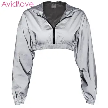

Women Fashion Solid Reflective Hooded Long 1 x Casual Sleeve Crop 1 x Outfits Top 1 x High Waist Mini Zip Skirt