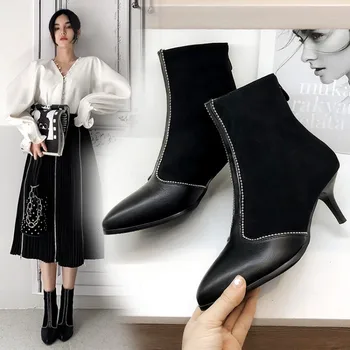 

2020 New Sequins Ankle Boots Women For Autumn Winter Fashion Pointed Toe Thin Heels Zipper Woman Boots Winter Wholesale