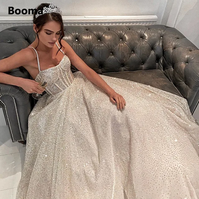 Booma Silver Glitter Lace Beach Wedding Dresses Spaghetti Straps Boning A- line Bridal Gowns Open Back Simple Long Bride Dresses - Wedding Dresses -  AliExpress